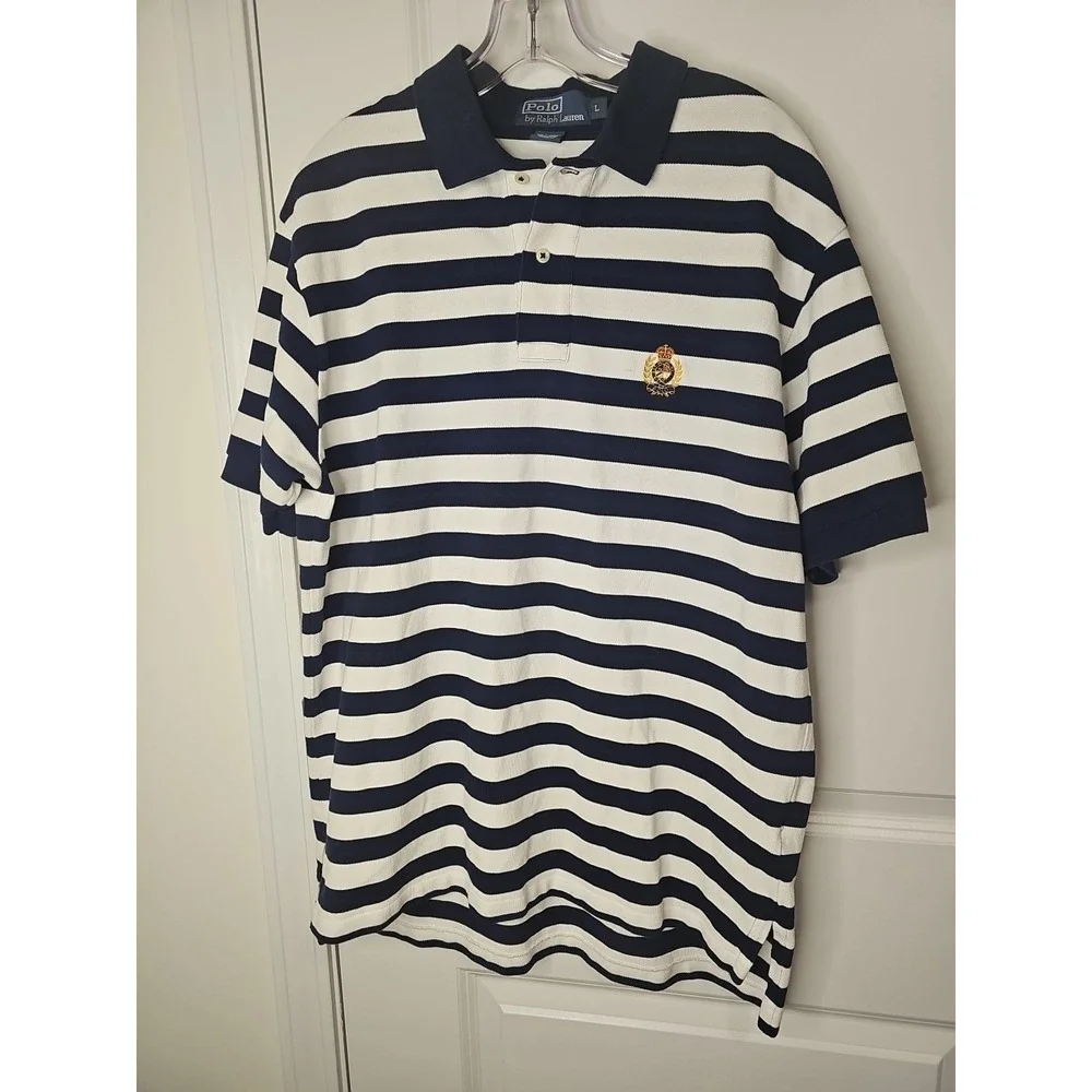 VTG 90s Polo Ralph Lauren Striped‎ Shirt Mens Navy White Crest Embroidered Sz L